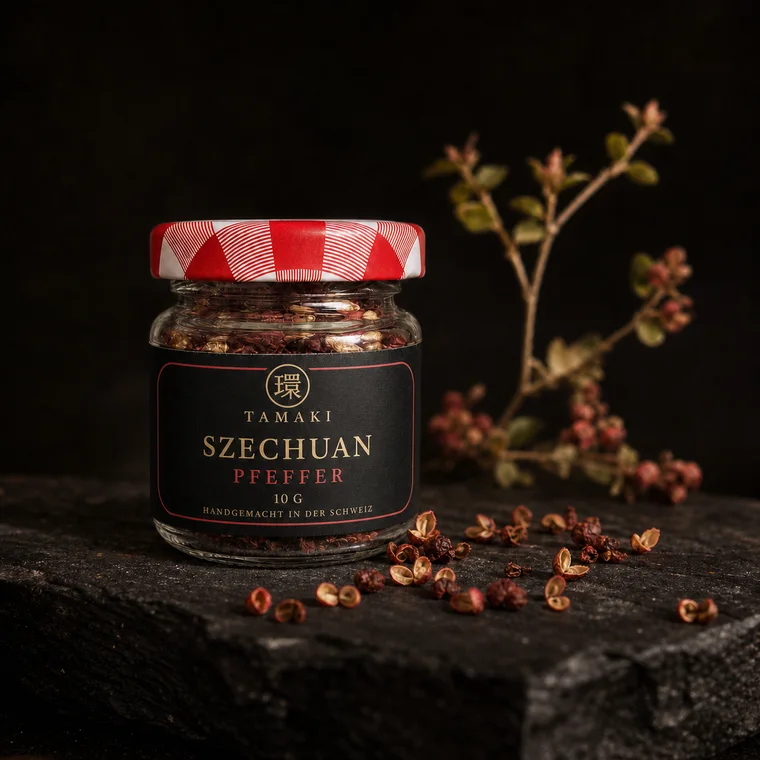 Szechuanpfeffer im Glas mit roten Fruchtschalen