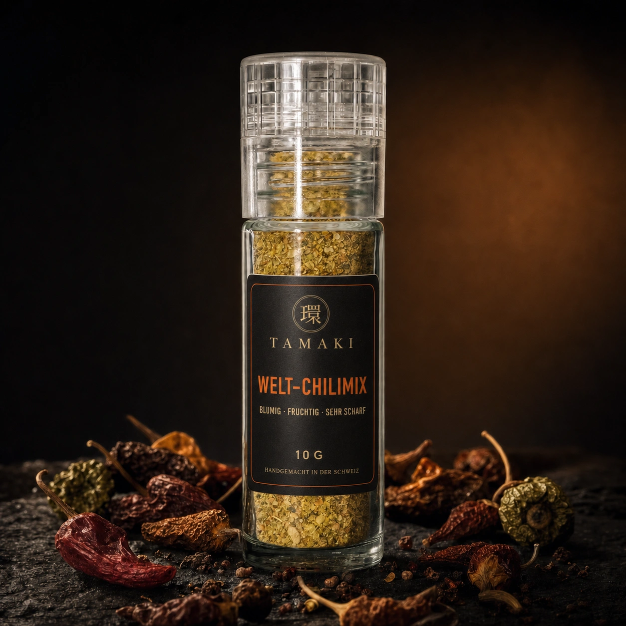 Tamaki Welt-Chilimix in der Glasmühle mit getrockneten Chilis