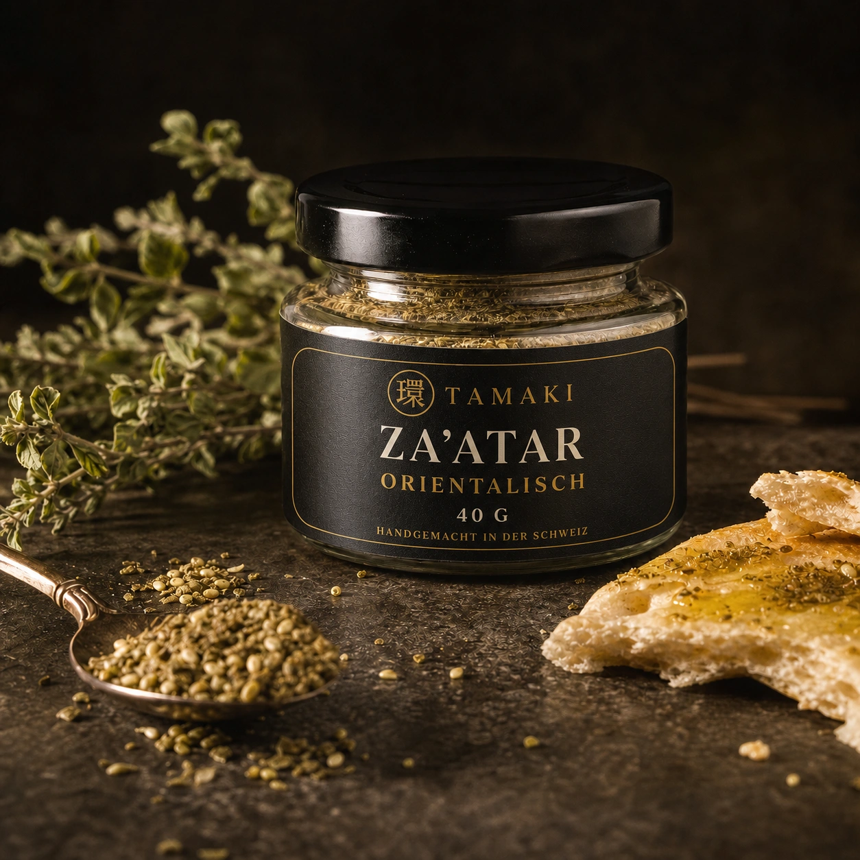 Za'atar orientalisch im Glas mit Oregano und Fladenbrot